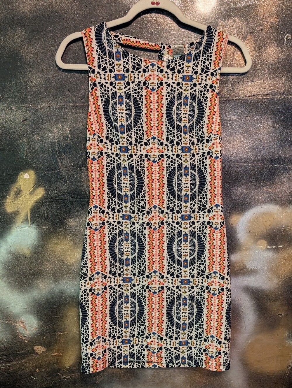 Mimi Chica Navy, Coral & White Geometric Sleeveless Shift Dress